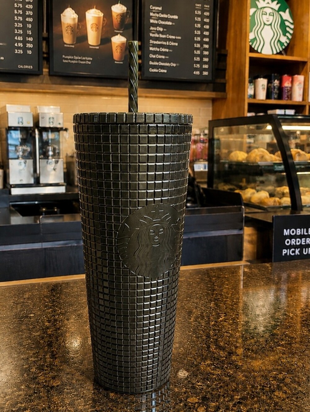 STARBUCKS Iridescent Army Green Venti Glitter Grid 24 Ounces NWT And Straw